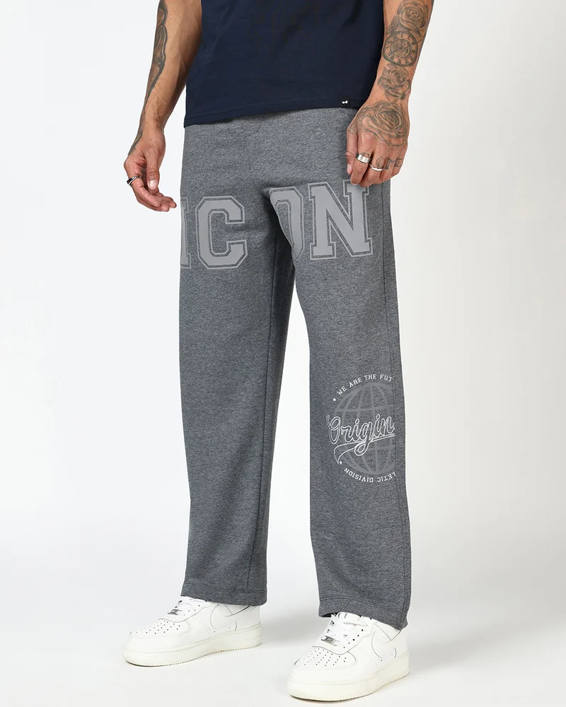 بيواكوف Men's Charcoal Grey Melange Icon Graphic Printed Oversized Warm Track Pants
